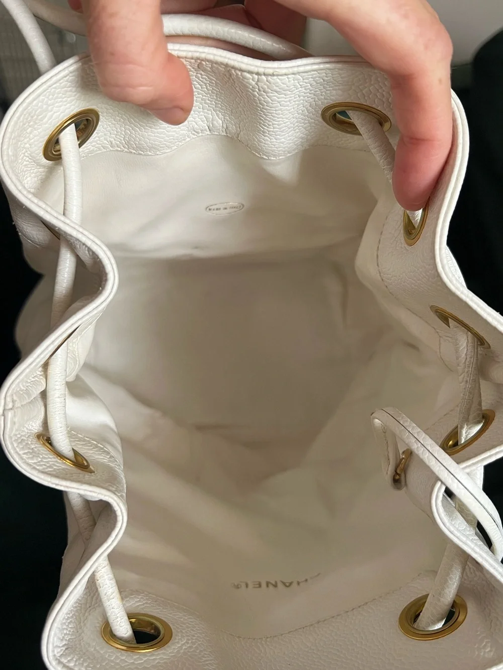 Vintage CHANEL Timeless Drawstring Sling Crossbody Backpack Caviar Medium White